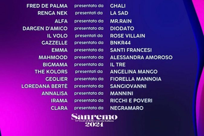 I cantanti della seconda serata di Sanremo 2024 con gli artisti che li presentano I cantanti della seconda serata di Sanremo 2024 con gli artisti che li presentano
